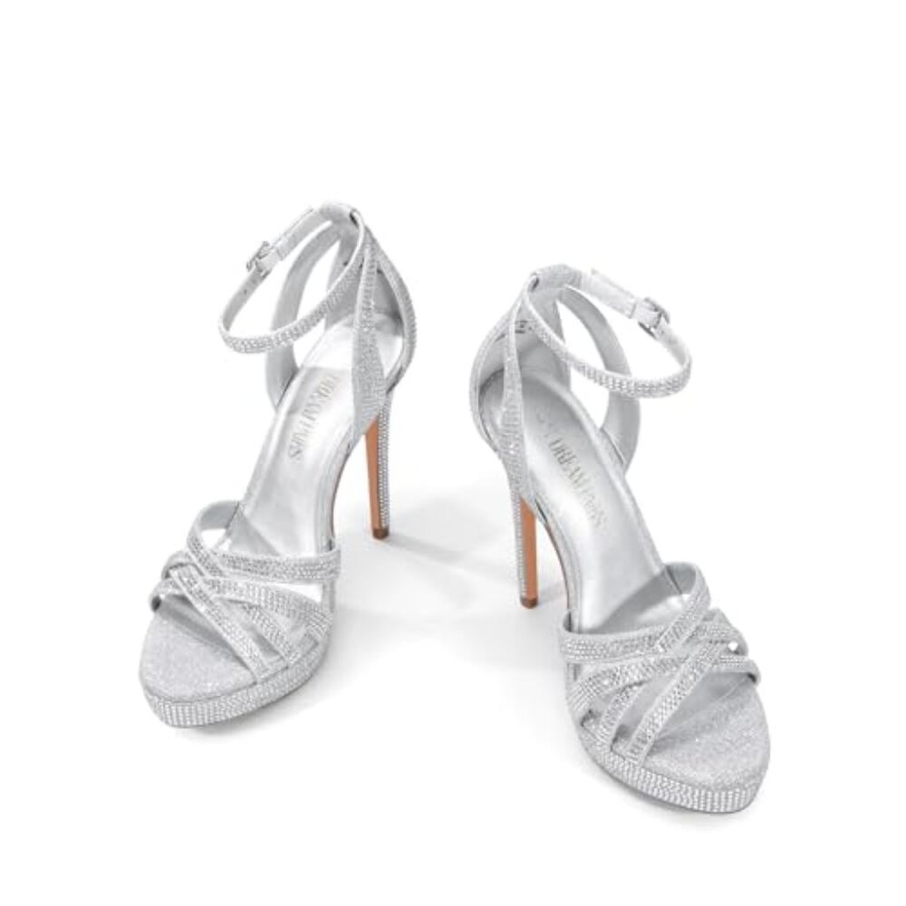 NiB Dream Pairs Women's Stiletto Open Toe Heels Silver Glitter Size 9 $70 RY1408